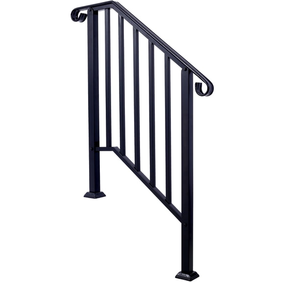 iCapeson 3-Step Outdoor Handrail, Wrought Iron Stair Railing for Concrete & Wood Steps, Black Powder Coated Easy Install Porch Handrail with Hardware, Fit for 2 or 3 Steps, Safety Railing for Elderly