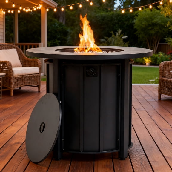 iCapeson 30” Round Propane Fire Pit Table, 50,000 BTU Outdoor Gas Firepit with Wicker Design Steel Lid & Lava Rocks, ETL Certified Patio Heater for Deck Garden Backyard, Black