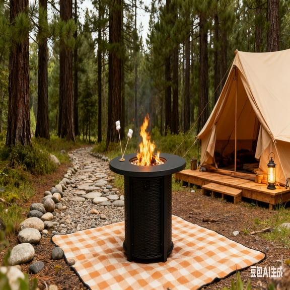 iCapeson 32” Round Propane Fire Pit Table, 50,000 BTU Outdoor Gas Firepit with Wicker Design Steel Lid & Lava Rocks, ETL Certified Patio Heater for Deck Garden Backyard, Black