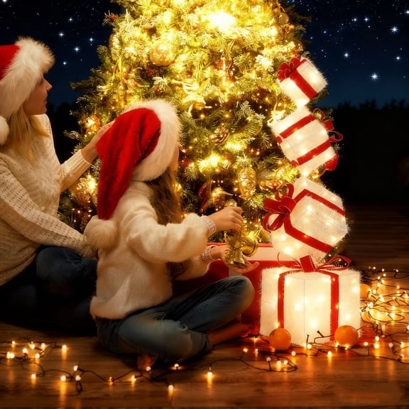 iCapeson 3FT Lighted Gift Box Tower, Pre-lit Stacked Present Boxes with 80 Warm White LEDs, Outdoor Christmas Decor for Yard, Porch, Indoor Holiday Displays, Easy Setup & Nestable Storage