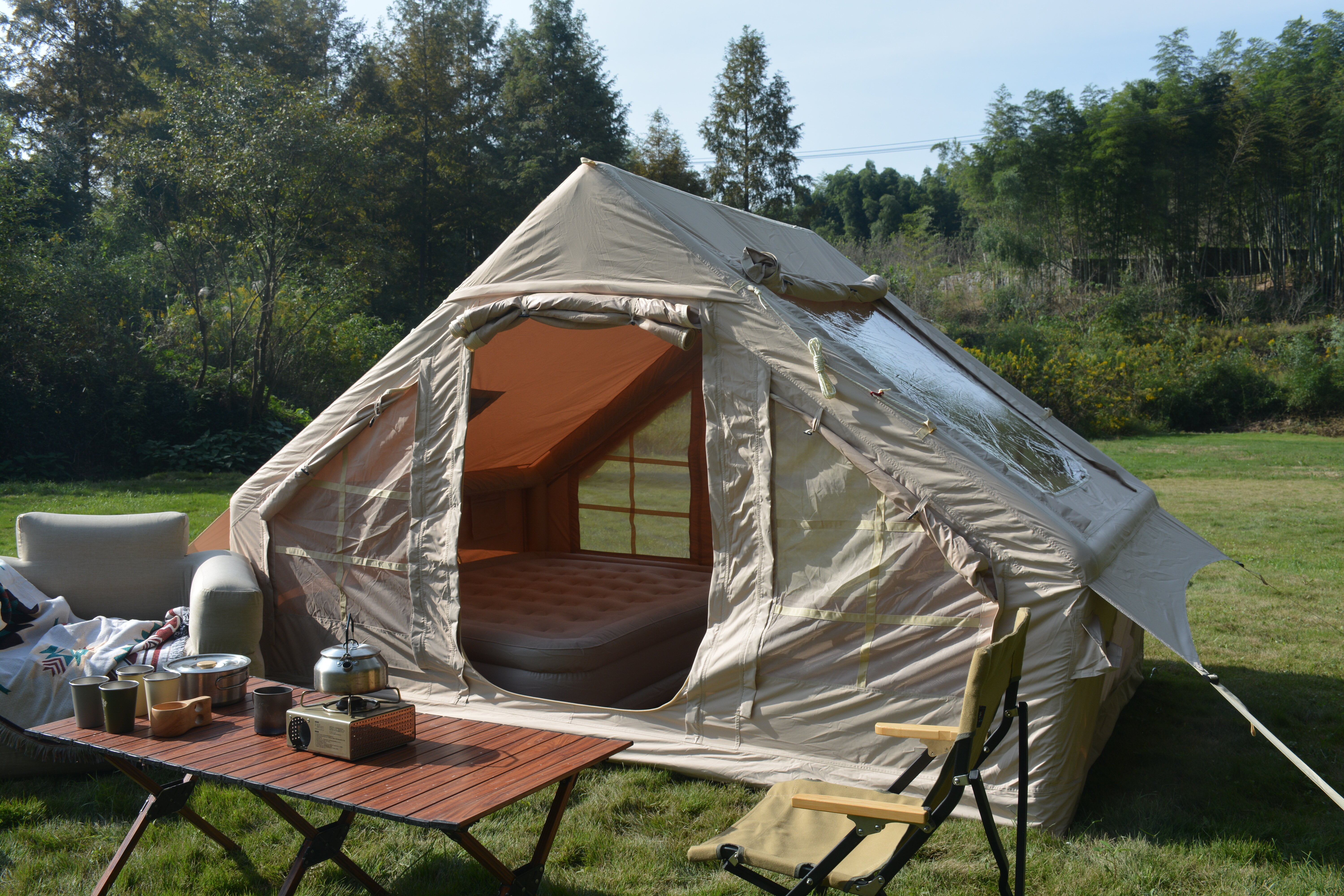 iCapeson 4-6 Person Hot Tent with Stove Jack, 5-Min Easy Setup Inflatable Glamping Tent, All-Season Waterproof Windproof Blow Up Air Tent, High-Performance 300D Fabric (Beige)