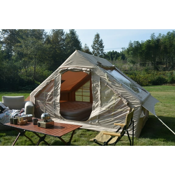 iCapeson 4-6 Person Hot Tent with Stove Jack, 5-Min Easy Setup Inflatable Glamping Tent, All-Season Waterproof Windproof Blow Up Air Tent, High-Performance 300D Fabric (Beige)