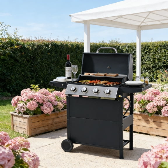 iCapeson 4-Burner Propane Gas Grill, 34,000 BTU Stainless Steel Outdoor BBQ Grill with 2 Side Shelves, Porcelain Grates, Wheels & Bottle Opener for Backyard, Patio Cooking