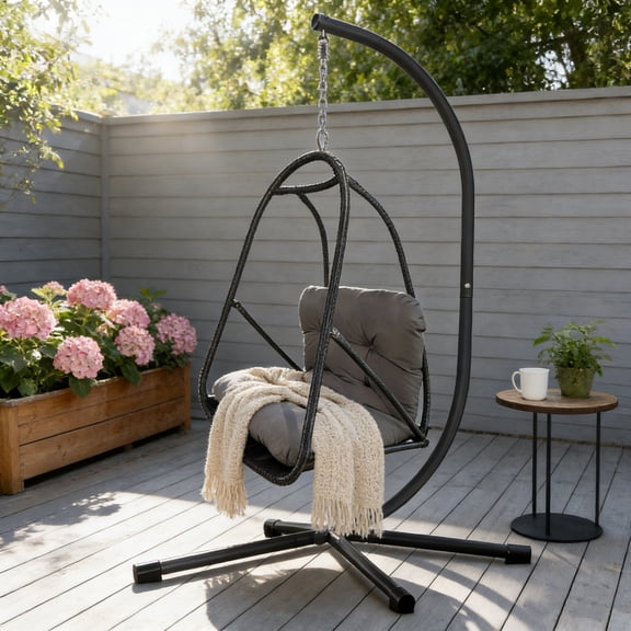 iCapeson Hanging Egg Chair with Stand, Foldable Rattan Patio Swing Chair with Cushion & Cup Holder, Indoor Outdoor Hanging Basket for Porch, Balcony, Backyard, 350lb Capacity