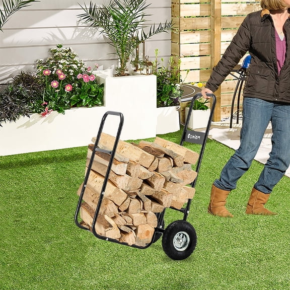 iCapeson Heavy Duty Firewood Cart with 10 Wheels, 220 lbs Capacity Steel Log Hauler & Mover, Easy Pull Outdoor Indoor Wood Carrier Caddy for Fireplace, Fire Pit, Backyard, Black