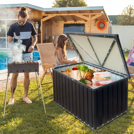 iCapeson Metal Deck Box, 161 Gallon Outdoor Galvanized Steel Storage Box, Waterproof Patio Furniture Storage Cabinet for Porch, Pillows, Cushions, Pool, Tools, Black