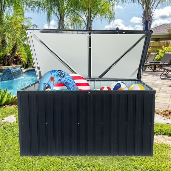 iCapeson Metal Deck Box, 344 Gallon Outdoor Galvanized Steel Storage Box, Waterproof Patio Furniture Storage Cabinet for Porch, Pillows, Cushions, Pool, Tools, Black