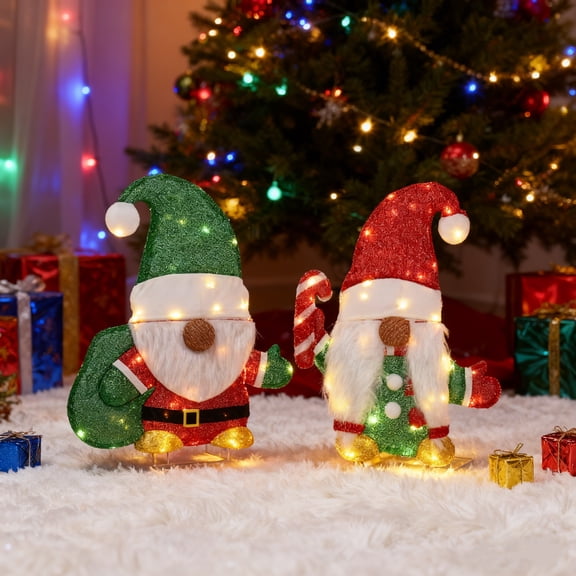 iCapeson Set of 2 Lighted Gnomes with Candy Cane, 80 Warm White LED Christmas Decorations, 2D Outdoor Indoor Holiday Decor for Yard, Garden & Porch