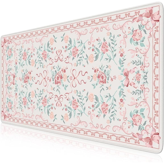 iCasso Pink Desk Mat for Desktop,Cute Desk Pad for Women,Girly Bow Mouse Pad with Stitched Edges,Non-Slip Large Computer Mat for Home Office Study Gaming
