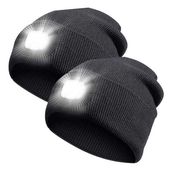 iClover 2 Pack LED Beanie Hat with Light, USB Rechargeable Winter Knitted Headlight Cap Gifts for Men Women Outdoor Hiking Camping - Black+Black