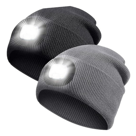 iClover 2 Pack LED Beanie Hat with Light, USB Rechargeable Winter Knitted Headlight Cap Gifts for Men Women Outdoor Hiking Camping - Black+Gray