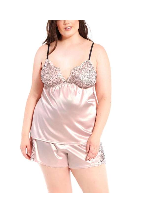 Womens Plus Size Eyelash Flower Lace 2 Pieces Pajama Set