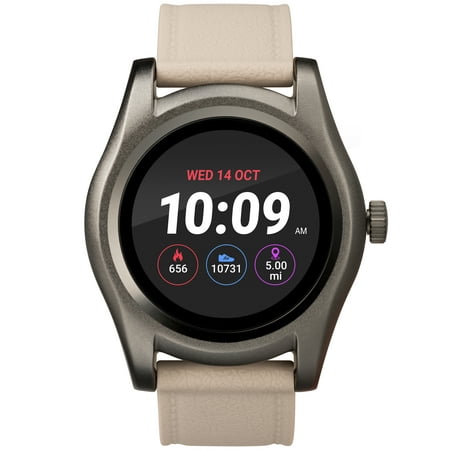 iConnect By Timex Classic Round Smartwatch with Heart Rate & Two-Way Bluetooth Calling 45mm – Gunmetal with Beige Strap
