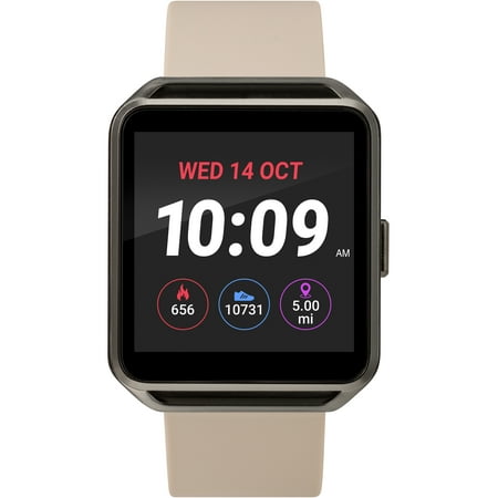 iConnect By Timex Classic Square Smartwatch with Heart Rate & Two-Way Bluetooth Calling 40mm – Gunmetal with Beige Strap