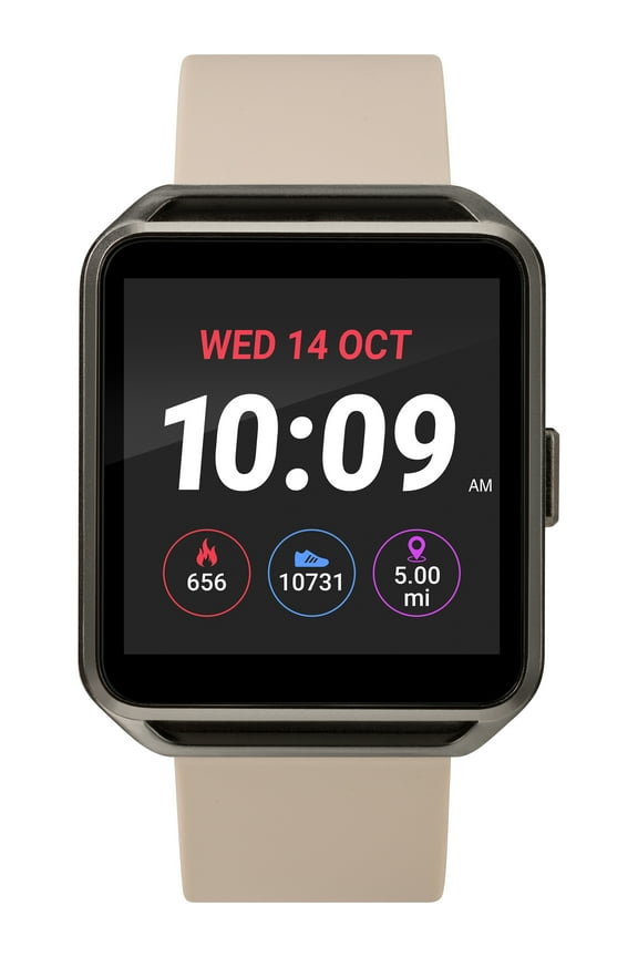 iConnect By Timex Classic Square Smartwatch with Heart Rate & Two-Way Bluetooth Calling 40mm – Gunmetal with Beige Strap