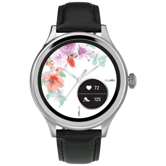 iConnect by Timex Women’s Pro AMOLED Black/Silver 43mm Smartwatch, Heart Rate, Leather Strap