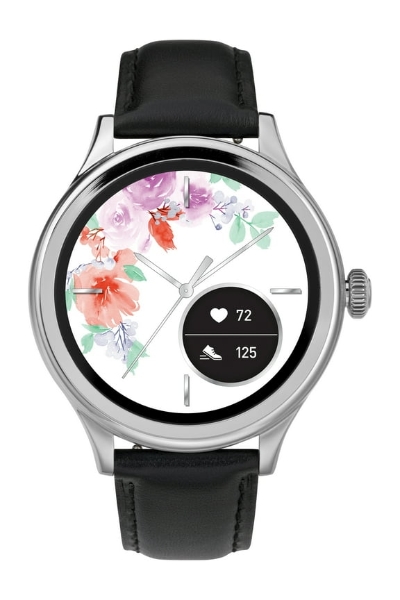 iConnect by Timex Womens Pro AMOLED Black/Silver 43mm Smartwatch, Heart Rate, Leather Strap