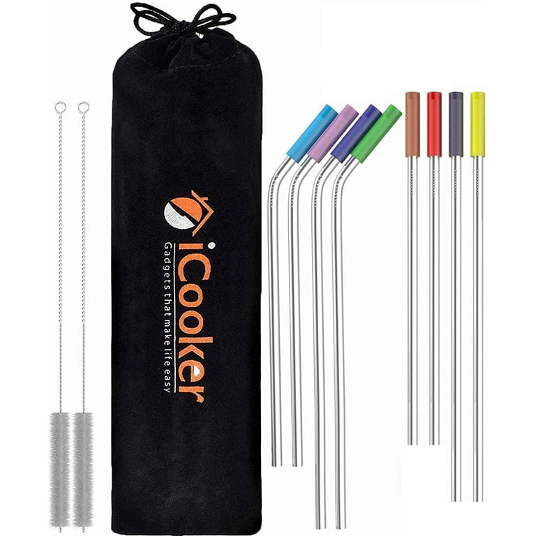 iCooker Stainless Steel Straws - Long Drinking Straws with Travel Case -  Metal Reusable Straws with Silicone Tip- White