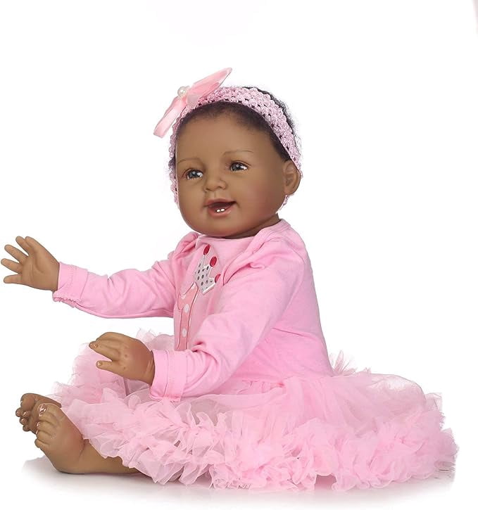 iCradle Finished 22 Inch 55cm Black Reborn Baby Doll Girl African American Realistic Reborn Toddler Dolls Lifelike Newborn Soft Cloth Body with Brown Eyes Babies Doll Gift Toy for Kids 3+