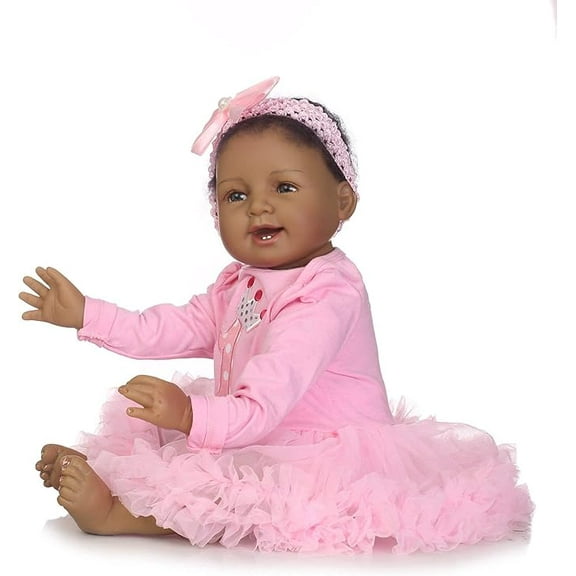 iCradle Finished 22 Inch 55cm Black Reborn Baby Doll Girl African American Realistic Reborn Toddler Dolls Lifelike Newborn Soft Cloth Body with Brown Eyes Babies Doll Gift Toy for Kids 3+