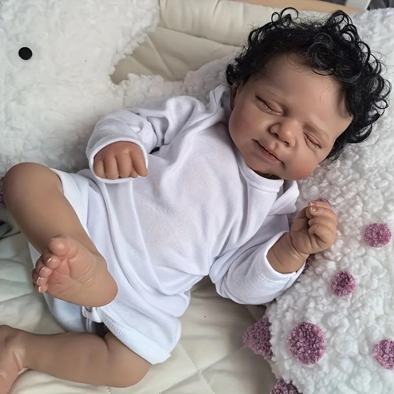 iCradle Lifelike Cuddly Sleeping Reborn Baby Dolls Girls Black Skin Colour Realistic Newborn Babies 18 Inch 45 cm Cloth Body Rooted Hair Gift for Kids 3+
