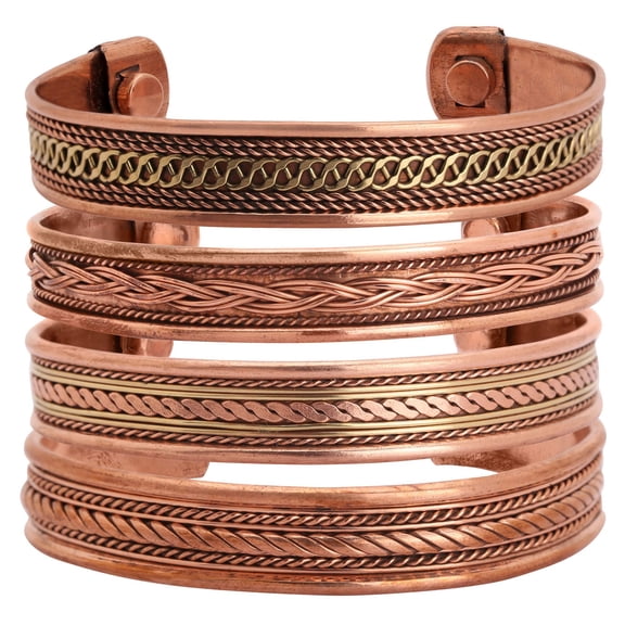 iCraftJewel Set of 4 Handmade Tibetan Copper Bracelets Adjustable Magnetic India Pattern Unisex Spiritual Yoga Meditation Mantra Jewelry