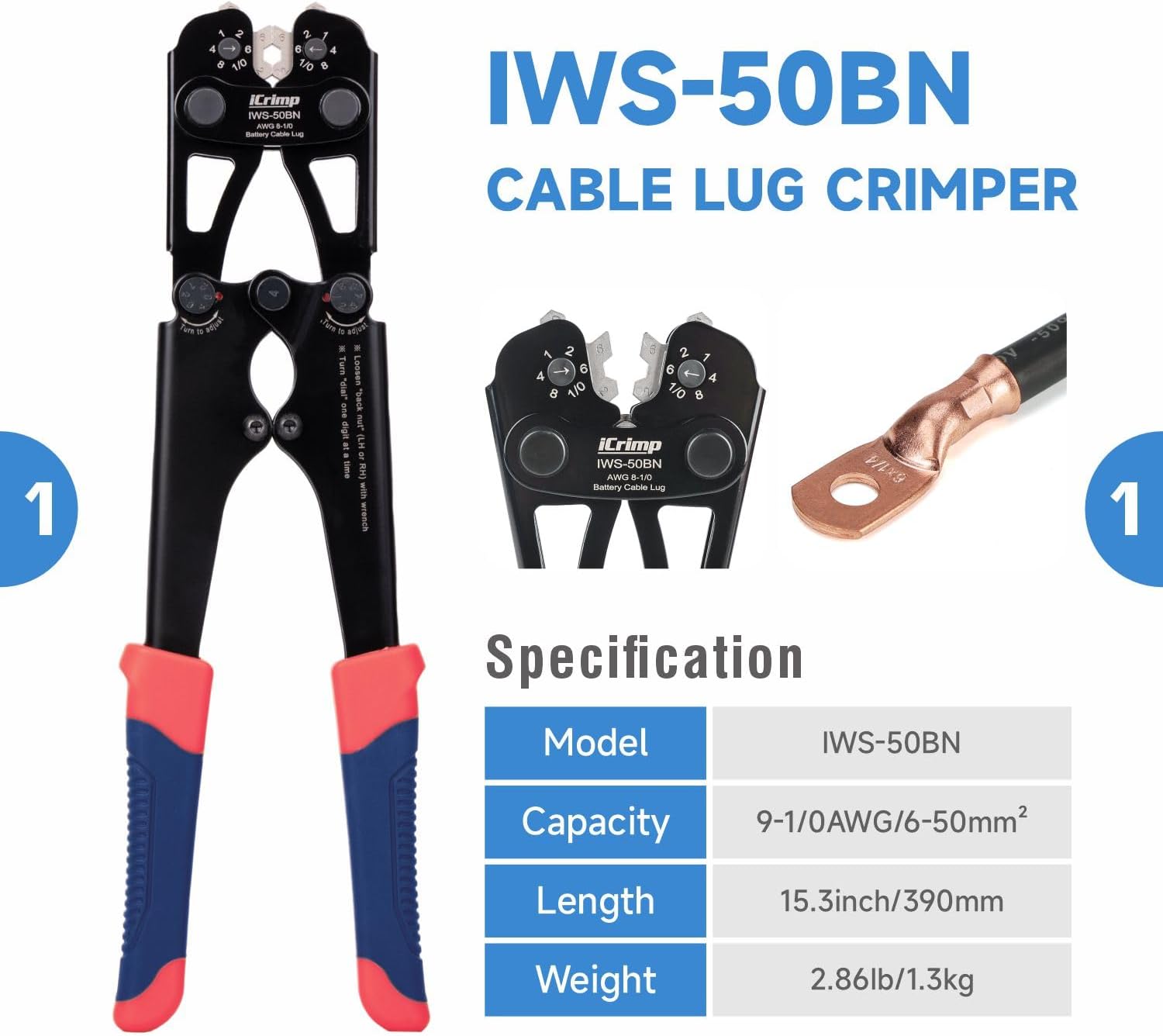 ICrimp Battery Cable Crimping Tool – For 8 To 1/0 AWG Lugs, Hexagonal Crimp Die (IWS-0810N)
