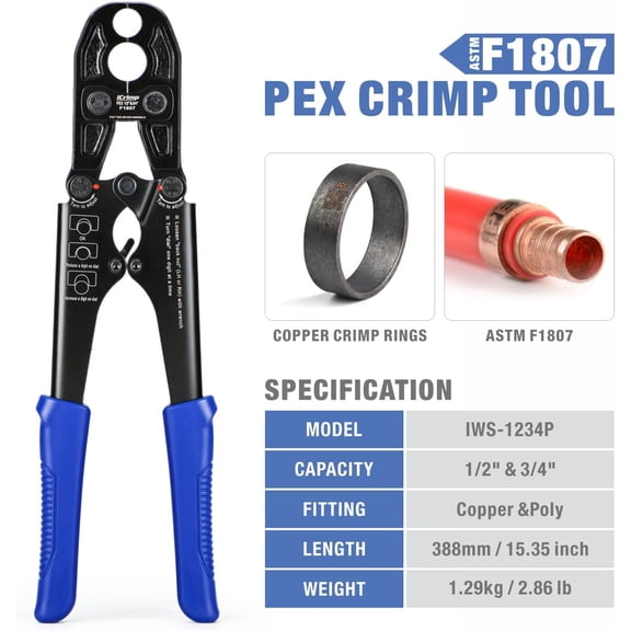 iCrimp PEX Crimping Tool, 1/2-inch & 3/4-inch Copper Ring Heavy Duty Dual Size, c/w Go/No-Go Gauge Meets ASTM F1807