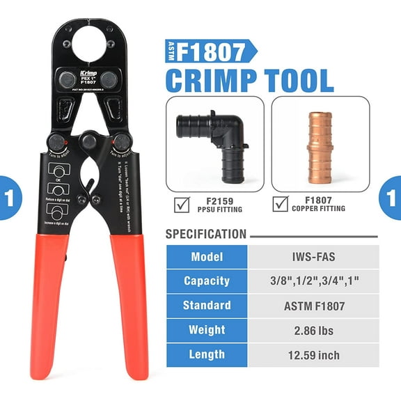iCrimp PEX Crimping Tool Kit for 3/8 inch, 1/2 inch, 3/4 inch, 1 inch Pex Copper Crimp Rings, c/w PEX Cutter, Go-no-go Gauge, Meets ASTM F1807 Standard