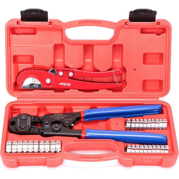iCrimp Ratchet PEX Cinch Tool with Removing Function for 3/8-in, 1/2-in, 3/4-in, 1-in Stainless Steel Clamp, PEX Crimper with 20PCS 1/2-in, 10PCS 3/4-in PEX Clamps and Pipe Cutter- All in One