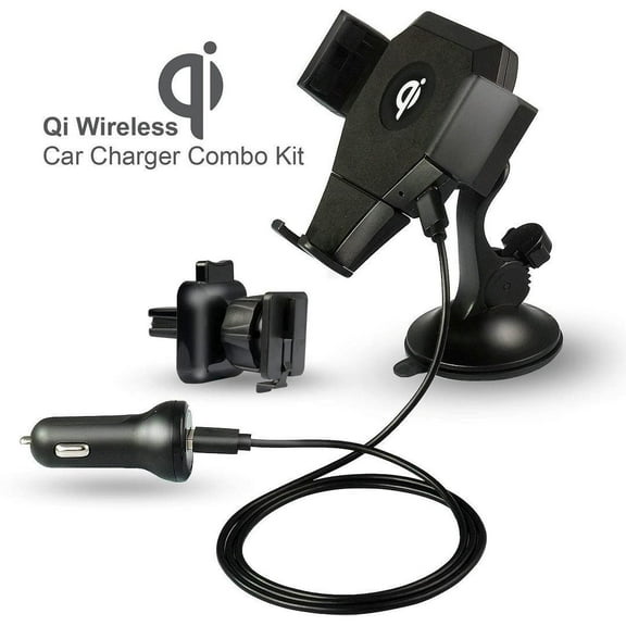 iDARS 2-IN-1 Fast Qi Wireless Car Charger with Air Vent and Dashboard Windshield Mounts - Black