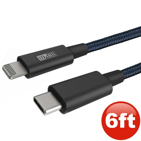 iDARS MFi Certified PD Fast Charge USB-C to Lightning Braided Cable (6 ft) - Blue