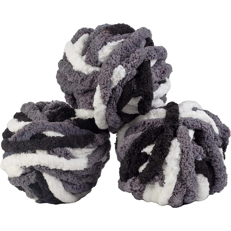 iDIY Chunky Yarn 3 Pack (24 Yards Each Skein) - Tie Dye (Black White Grey)  - Fluffy Chenille Yarn Perfect for Soft Throw and Baby Blankets Arm  Knitting Crocheting and DIY Crafts