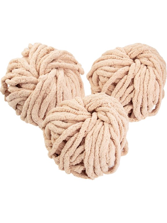 Chunky Yarn 3 Pack (24 Yards Each Skein) - Sand - Fluffy Chenille Yarn Perfect for Soft Throw and Baby Blankets, Arm Knitting