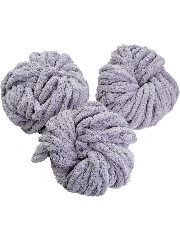 Grey Chunky Yarn 3 Pack (24 Yards Each Skein) Fluffy Chenille Yarn Perfect for Soft Blankets, Arm Knitting, Crocheting and DIY Crafts and Projects -Christmas Stocking Stuffer Gift for Crafters