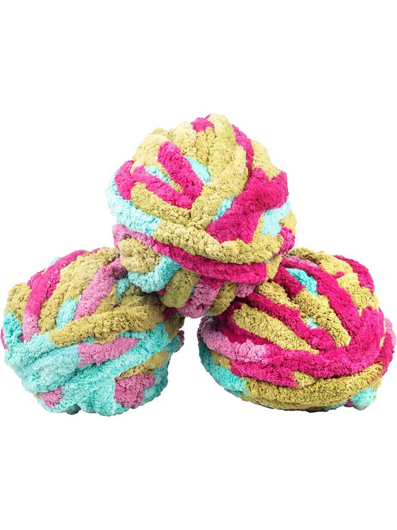 Chunky Yarn 3 Pack (24 Yards Each Skein) - Tie Dye (Fuschia, Teal, Green) - Fluffy Chenille Yarn Perfect for Crafts & Projects