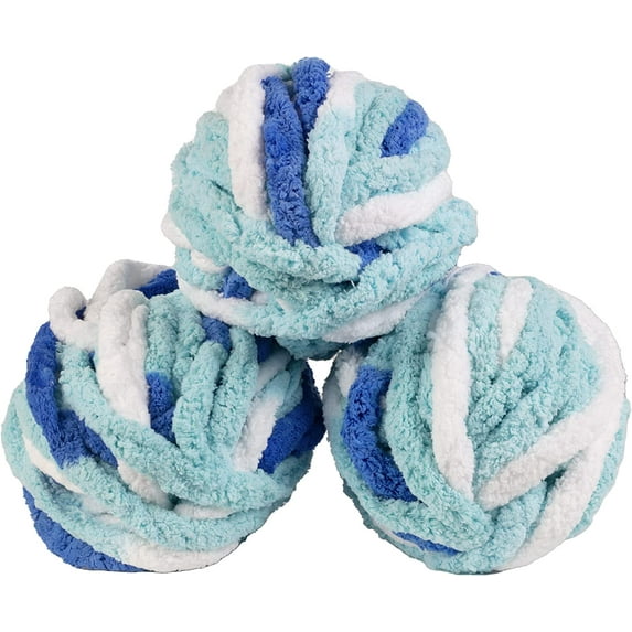 iDIY Chunky Yarn 3 Pack (24 Yards Each Skein) - Tie Dye (White, Light Blue, Dark Blue) - Fluffy Chenille Yarn Perfect for DIY Crafts and Projects - Great Christmas Stocking Stuffer Gift for Crafters