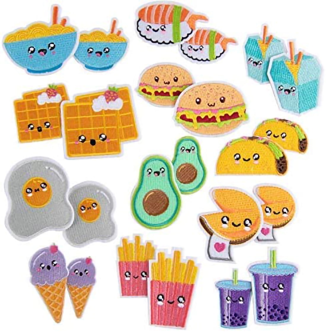 Idiy Kawaii Iron on Patches (24 Pack)- 12 Cute Sew on Patch Food Designs in 2 Sizes (2 inch & 2.5 inch) Craft Kit for Clothing, Accessories & School