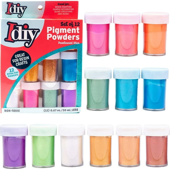 iDIY Pearl Pigment Powder (Set of 12 Mica Colors) - 6g per Bottle - Extra Fine - Great for Epoxy Resin, Dye Colorant, Candle Making, Slime, Paintings, School Projects, Gifts