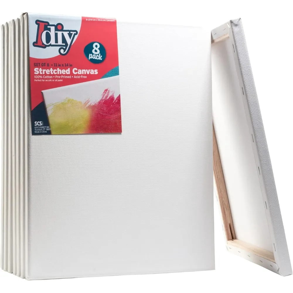 iDIY Stretched Canvas Board 11 x 14 (Set of 8) 5/8 - Classic White Blank, Pre Primed for Oils or Acrylics, 100% Cotton, Acid Free - Professional Grade for Painting or Art Project, Craft, Mixed Media