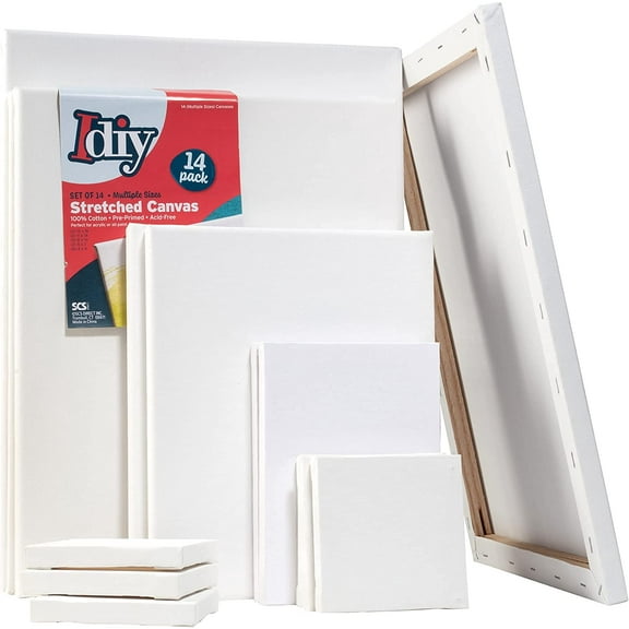 iDIY Stretched Canvas Board Multi Pack (Set of 14) - Sizes 4 x 4-12 x 16, 5/8 Variety Pack - Classic White Blank, Pre Primed for Oils or Acrylics, 100% Cotton, Acid Free - Professional Grad