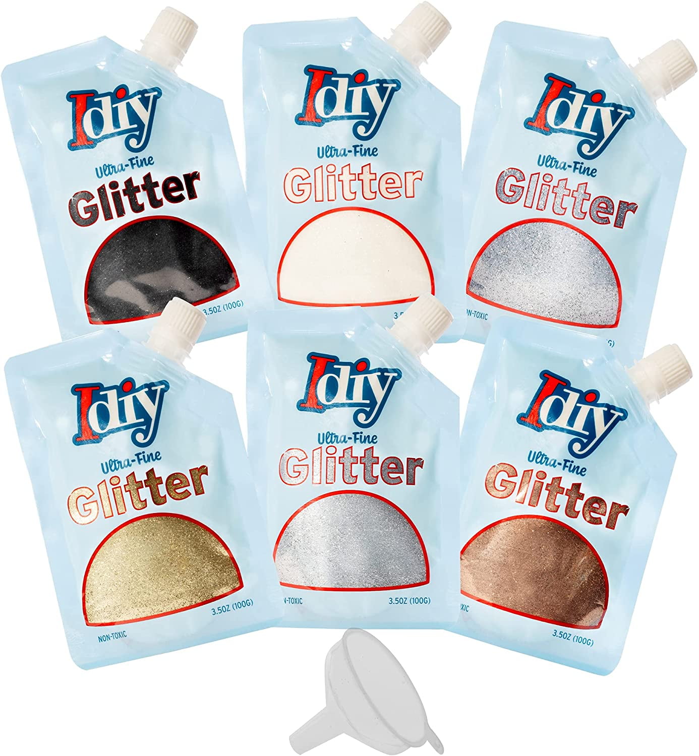 Neutral Colors Ultra Fine Glitter 6-Pack (3.5oz Each) Easy-Pour Spout Bag & Funnel for Tumblers, Ornaments, Holiday Arts & Crafts, DIY Decorations, Gifts & Cards- Stocking Stuffer for Crafters