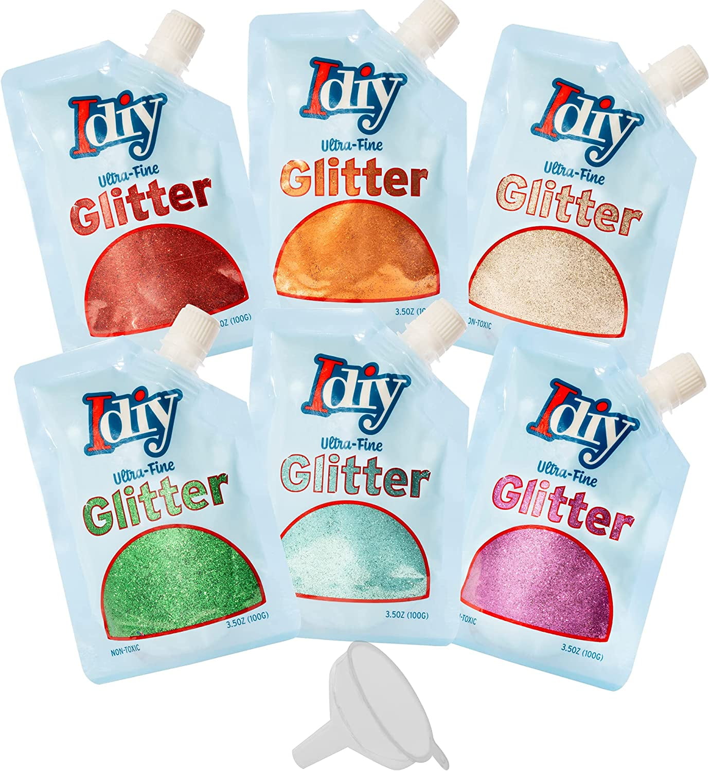 iDIY Ultra Fine Glitter - Set of 6 - w Easy-Pour Bag and Funnel - Rainbow Colors Extra Fine - Perfect for Crafts, School Projects, Decorations, and more