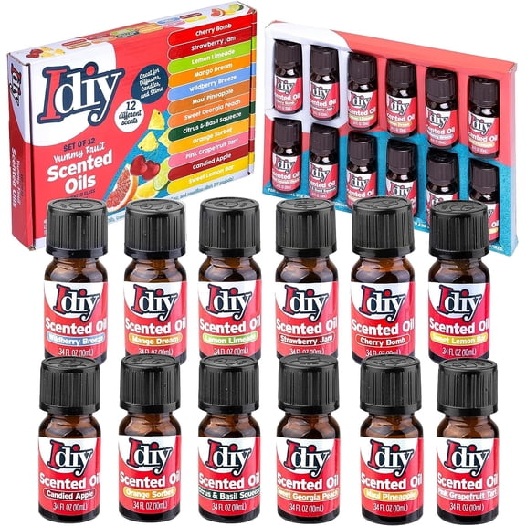iDIY Yummy Fruit Scented Oils (12 Pack) -X Large 10ml (.34 oz) Natural Food Fragrance Bottles for Diffusers, Aromatherapy, Essential Oil, Candles, Crafts, Slime, Gifts-Strawberry, Pineapple, Mango