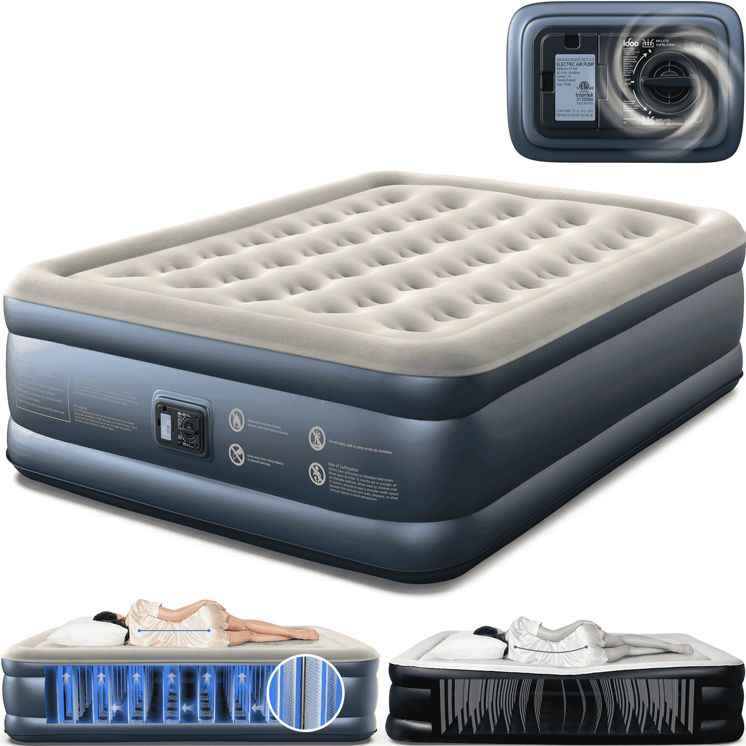 iDOO Air Mattress, Inflatable Airbed with Built-in Pump for Guest Home Camping Travel, 660lb MAX, (Queen Size 18")