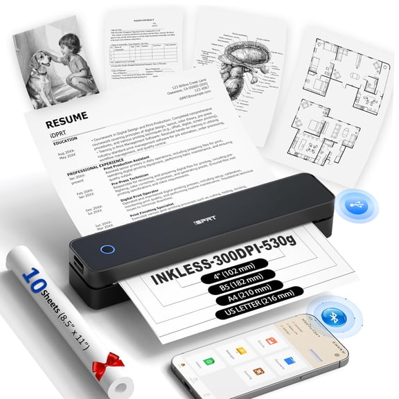 iDPRT Inkless Portable Printer for Travel, Wireless Thermal Printer Support 8.5 x 11 Inch US Letter A4 B5