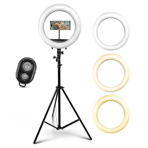 iDance LED Ring Light with Cell Phone Holder, 14", USB Powered with Bluetooth Remote Control and Foldable Adjustable Tripod Stand, Selfie, Makeup Ring Light with Universal iPad Mini Holder