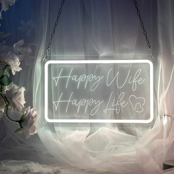 iDecoMart Happy Wife Happy Life LED Neon Sign, Light Up Wall Decor, Romantic Gift for Wife, Wedding, Anniversary, Bedroom Home Art