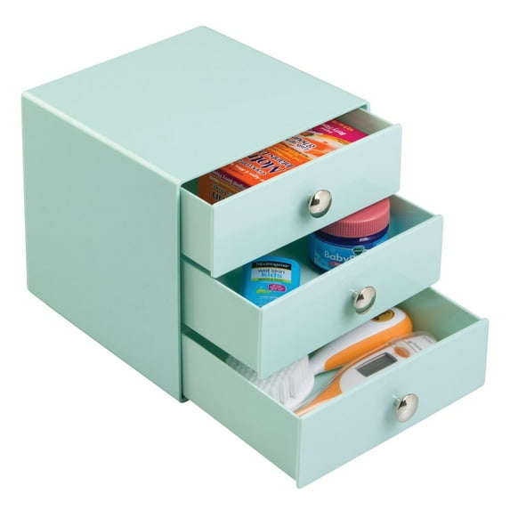 iDesign 3-Drawer Plastic Vanity Organizer, Compact Storage Organization Set for, Hair Care, Bathroom, Office, Dorm, Office, 6.5" x 6.5" x 6.5", Mint Green