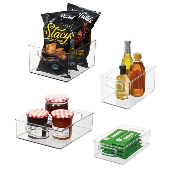 iDesign 4-Piece 50% Recycled Plastic Refrigerator Organizer Bin Set, Versatile Design Ideal for Freezer, Fridge, Pantry, and Pantry Organization Various Sizes, Clear